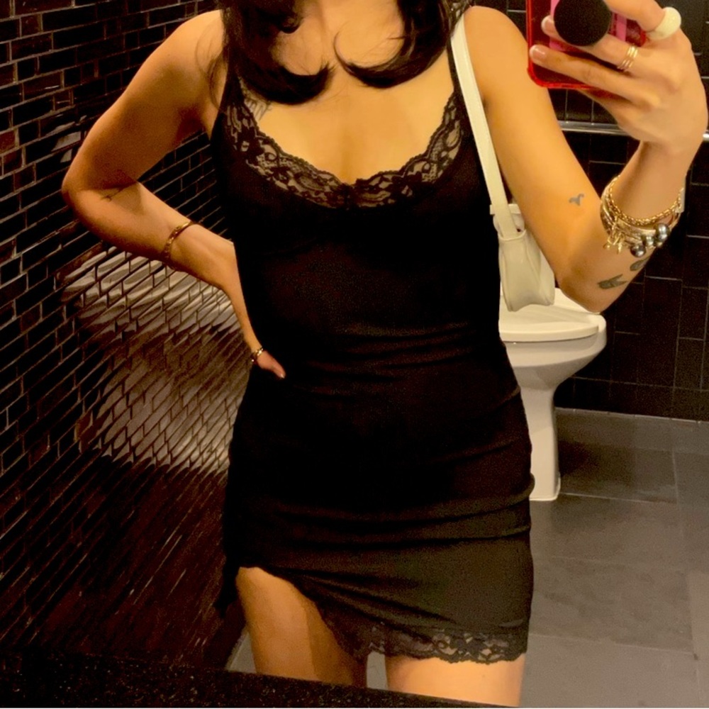 Lace trim mini spaghetti strap dress
